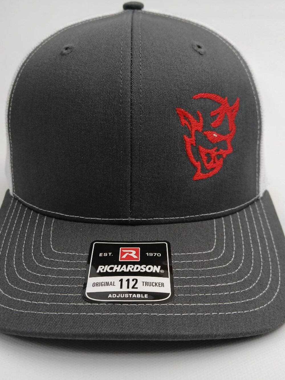 Gray And White 112 Demon SRT Logo Red Direct Embroidered Offset Snap Back Hat